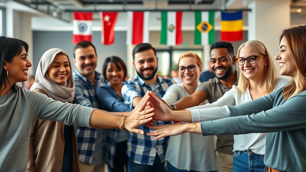 diverse expat community joining hands at coworking event, expat communities