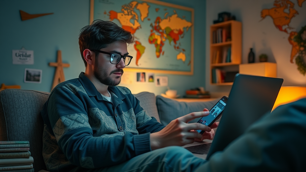 digital nomad browsing social media, connecting with expat communities online