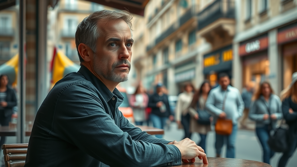 American expat feeling isolated in a busy foreign city facing cultural shock after emigration from America