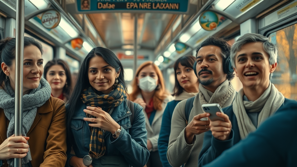 quality of life: Diverse expats riding public transportation abroad, cultural adjustment after moving