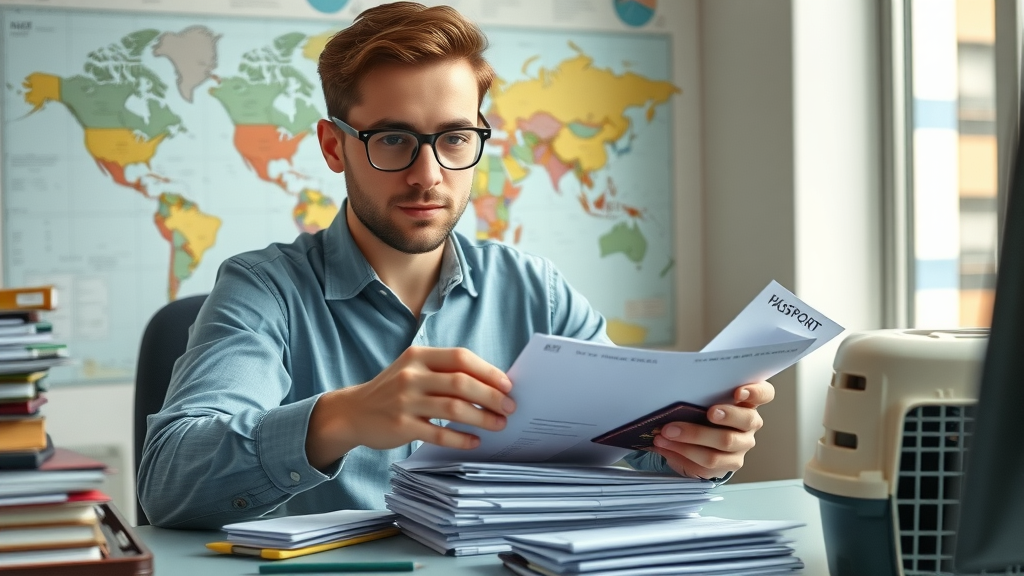 Individual organizing passports, visas, and work permit documents beside pet carrier for move abroad | essential documentation