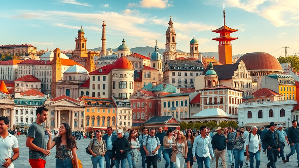 Panoramic collage of iconic city landmarks from Lisbon, Tokyo, and Mexico City for living abroad for Americans