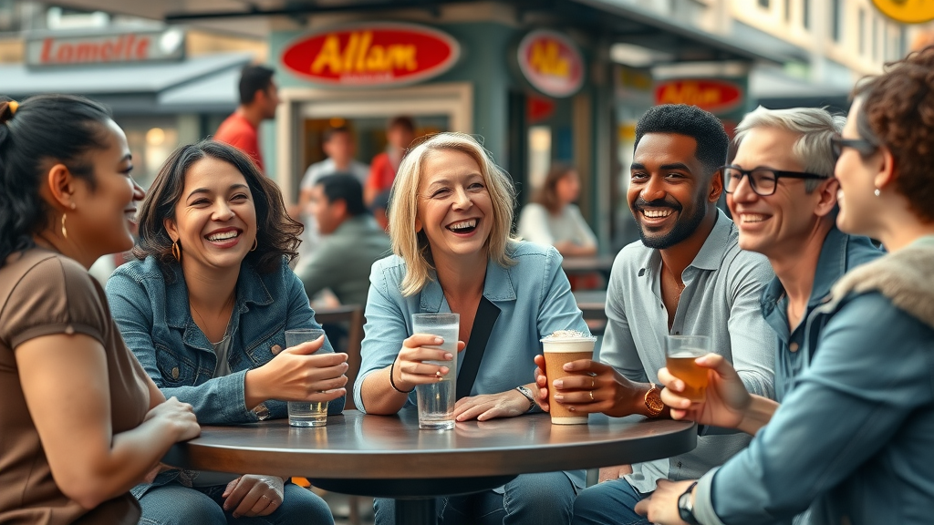 vibrant multicultural group of expats interacting in an outdoor café setting, city details, expat living tips