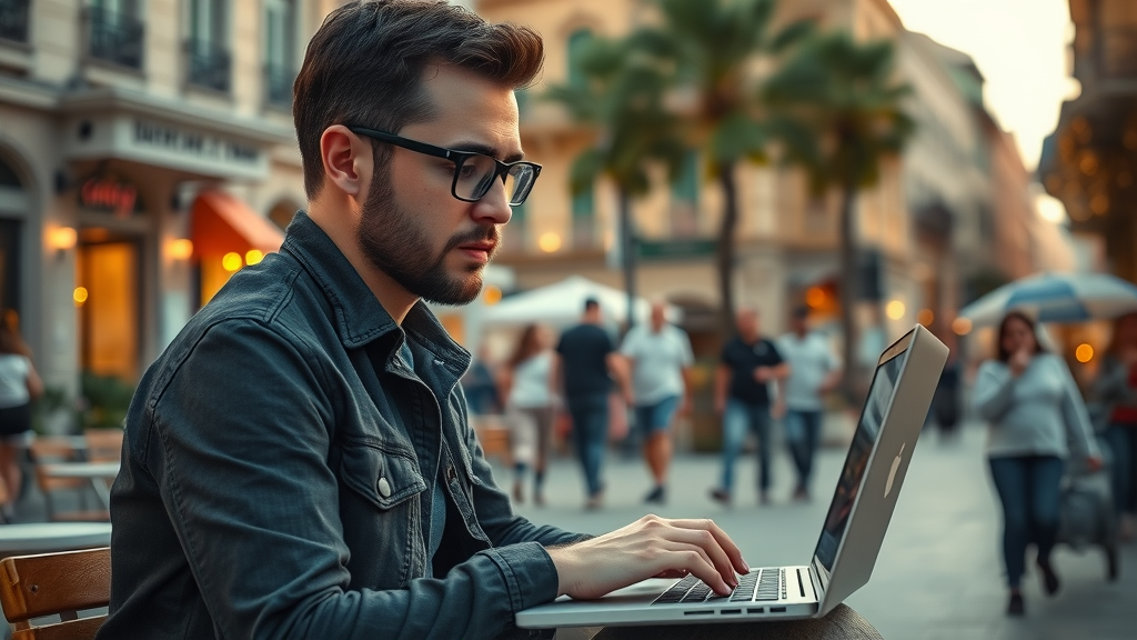 digital nomad working outdoors in a city, expat living tips, work permit, remote work