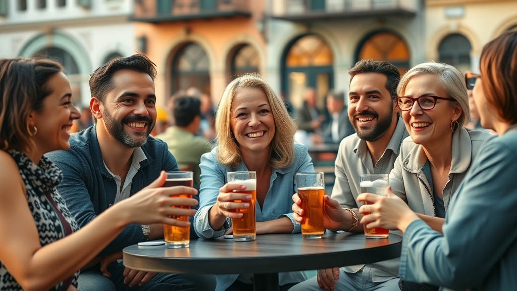 Smiling diverse group of American expats at an outdoor cafe in Europe, living abroad for Americans