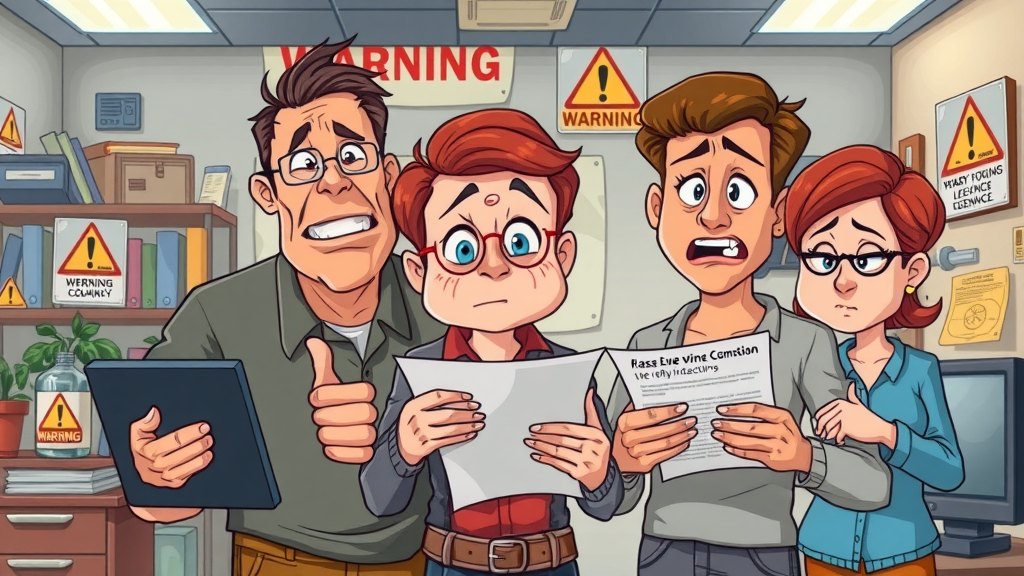 Worried family discovering red flag warnings with a shady moving company, reading online reviews and checking licensure, editorial cartoon style.