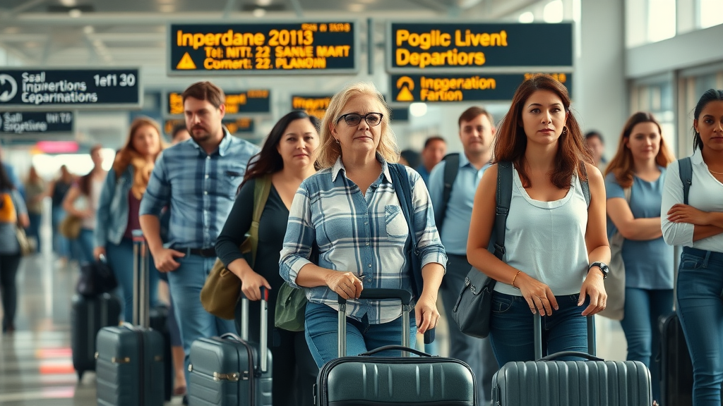 diverse group of Americans at an airport leaving the United States for emigration