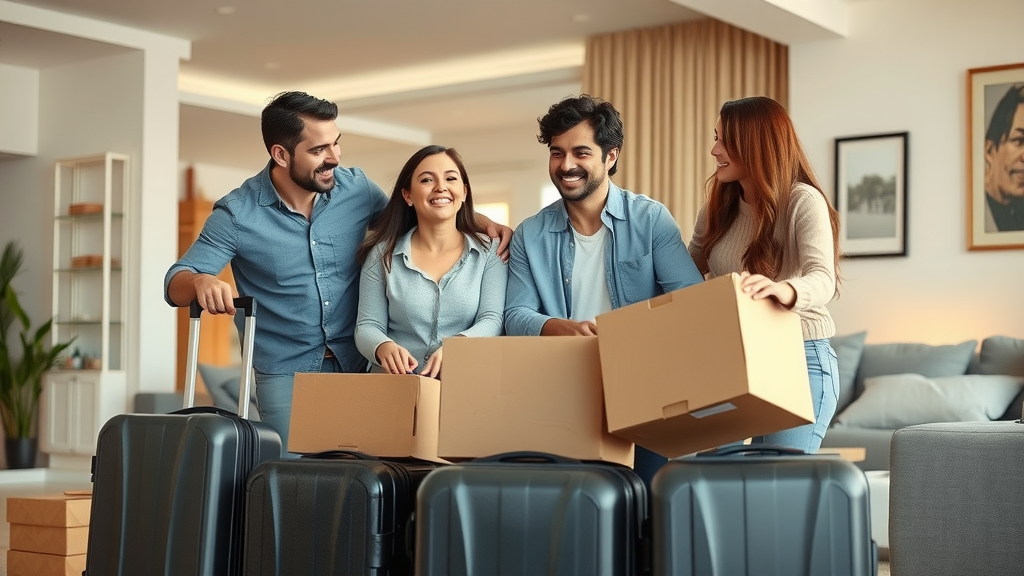 Family preparing for an overseas move with luggage and moving boxes in a modern living room | overseas moving guide
