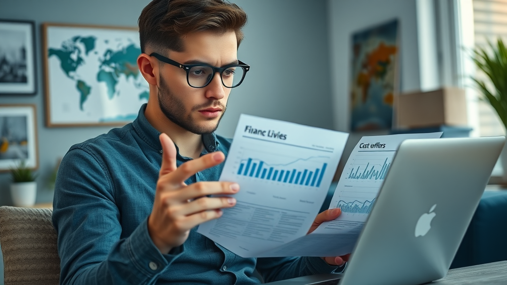 young professional reviewing job offers and finance charts for emigration from America