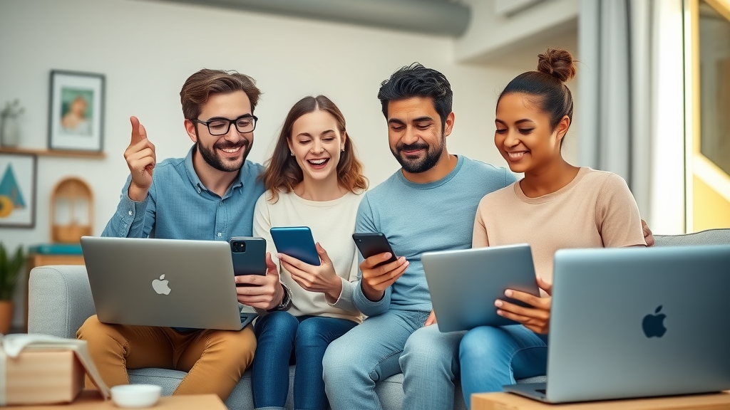 International family in new home setting up utilities and banking, configuring smart devices and signing up at mobile provider.