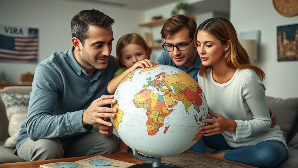thoughtful American family overlooking a globe contemplating emigration from America
