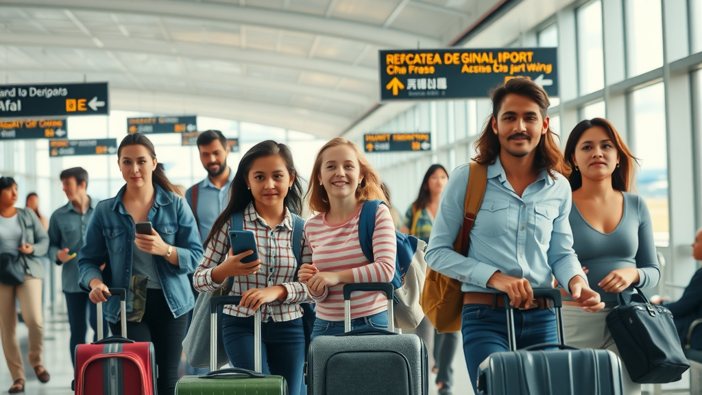 Excited families at an international airport embarking on international relocation with visible airplanes and global signage