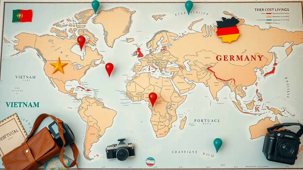 world map showing Portugal, Vietnam, Germany for expat living tips, cost of living, quality of life