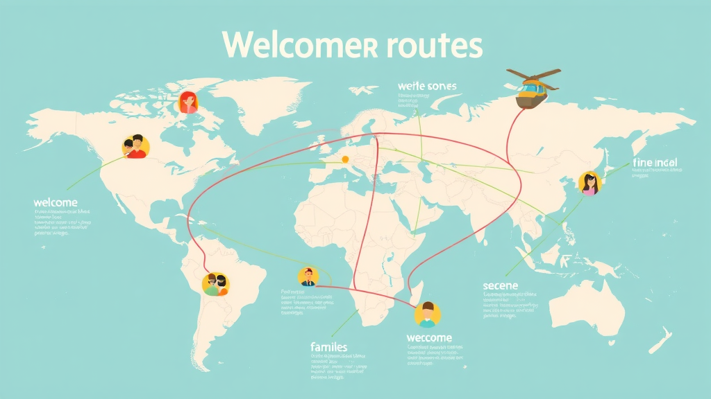 Modern infographic map illustrating global routes for cross-border relocation, world map background with icons for families and businesses.