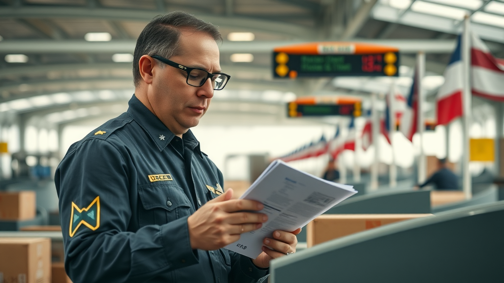 Customs officer inspecting moving shipment at an international border, reviewing documents and scanning boxes.