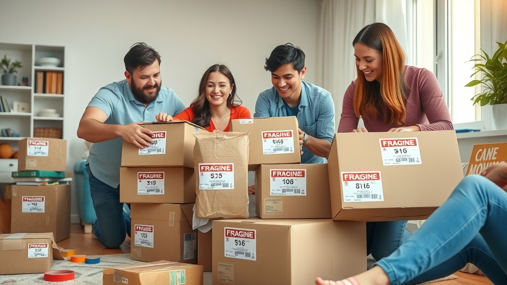 Family packing labeled boxes with fragile and international moving stickers, carefully wrapping and sealing items, bright living room.
