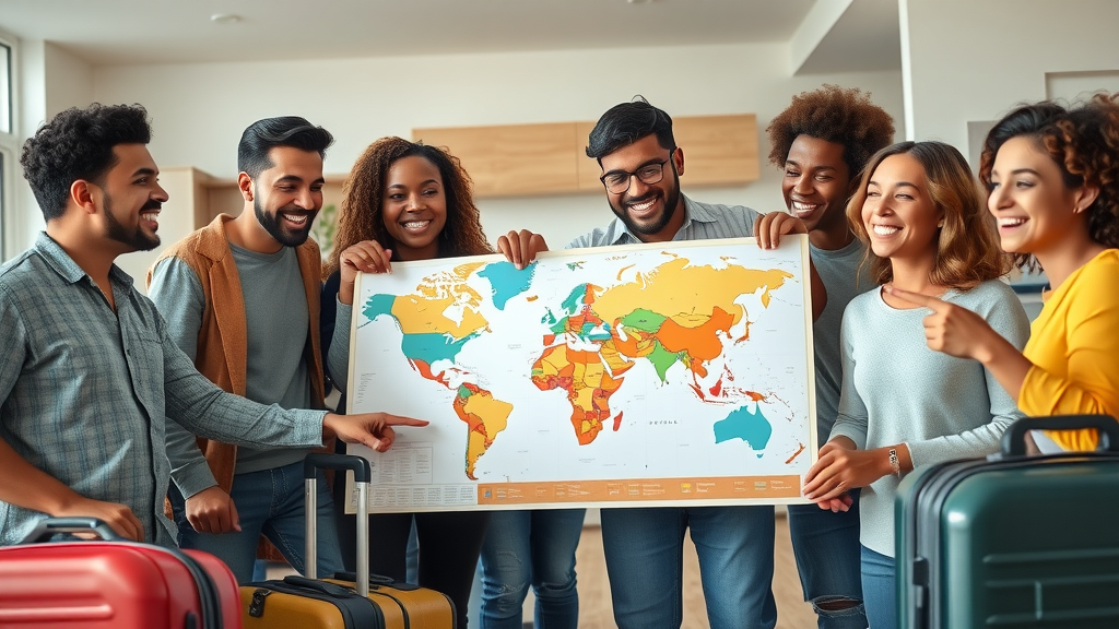Americans planning moving abroad from America with travel gear and map in modern home setting