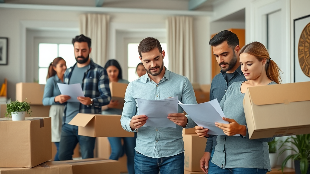 Organized international movers preparing for a cross-border relocation, confident and focused expressions, packing household items and checking documents. Busy home interior with boxes and checklists.