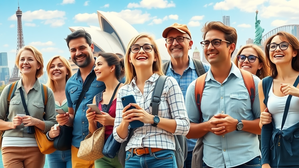 Families experiencing international relocation at famous global landmarks like Eiffel Tower and Sydney Opera House