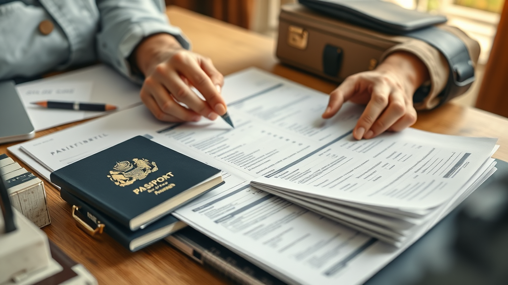 Close-up of hands organizing passports, visas, and essential relocation documents for cross-border relocation, organized desk with legal documents.