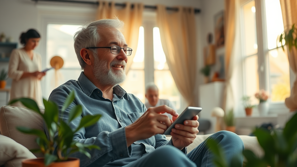 relaxed expat enjoying hobbies at home, maintaining balance while living abroad