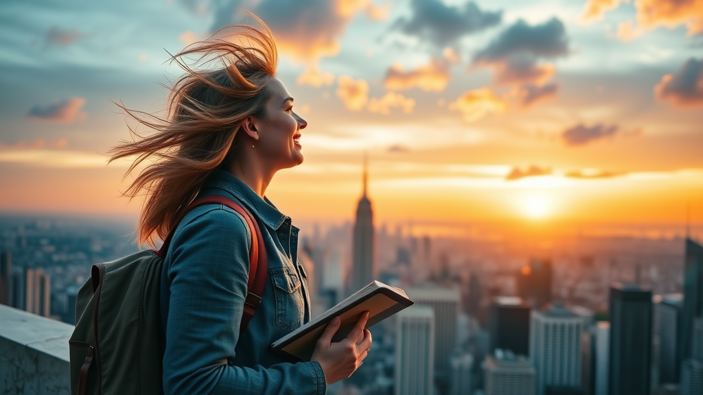 Hopeful American traveler gazing at sunrise over international skyline, living abroad for Americans