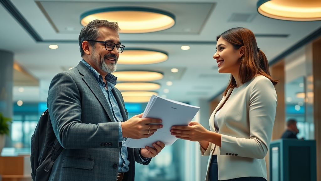Expat opening a local bank account with international banker in modern bank lobby | managing finances when moving overseas