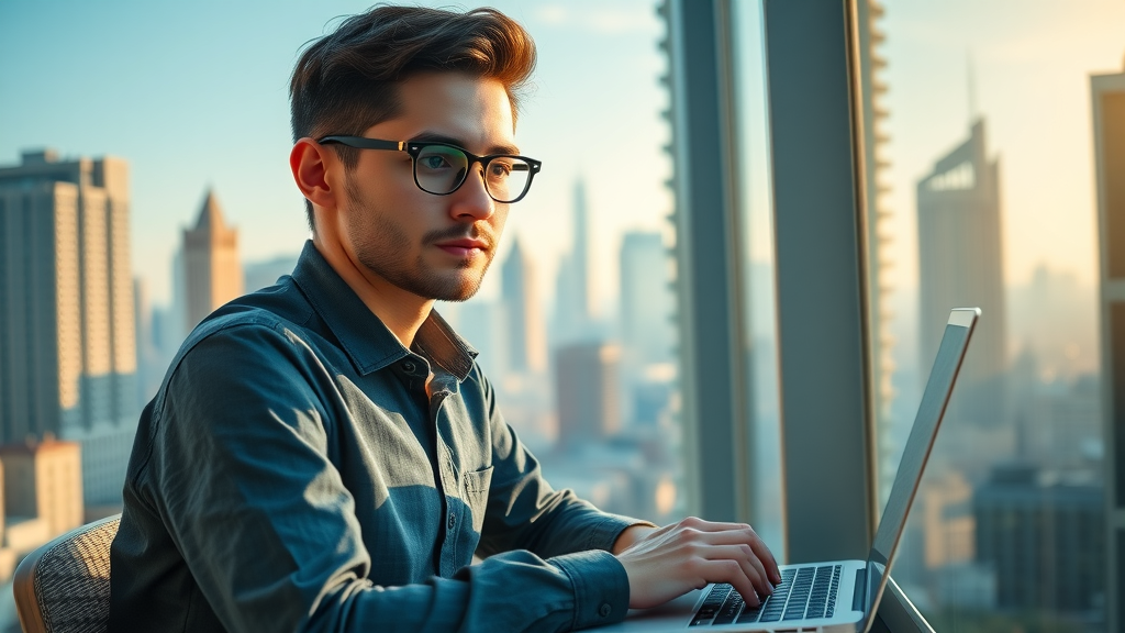 Remote working American in sunny international city using laptop after moving abroad from America