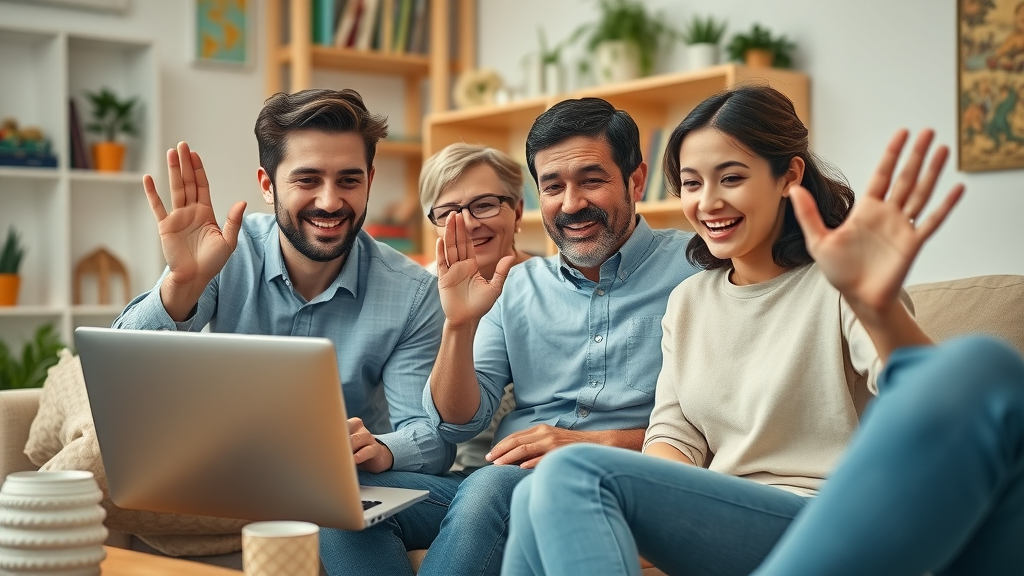 American family making a video call from abroad to relatives back home, living abroad for Americans
