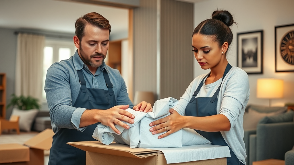 Professional international movers packing household goods carefully in a modern home interior