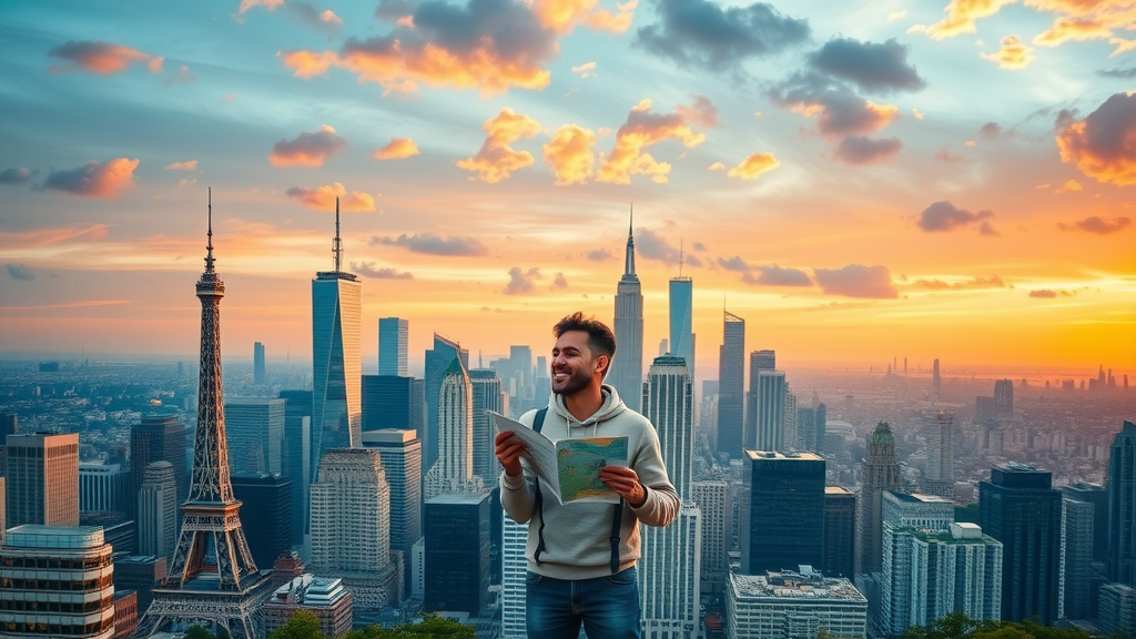 best destinations for relocating outside usa, International skyline montage with diverse landmarks and cheerful expat exploring new city