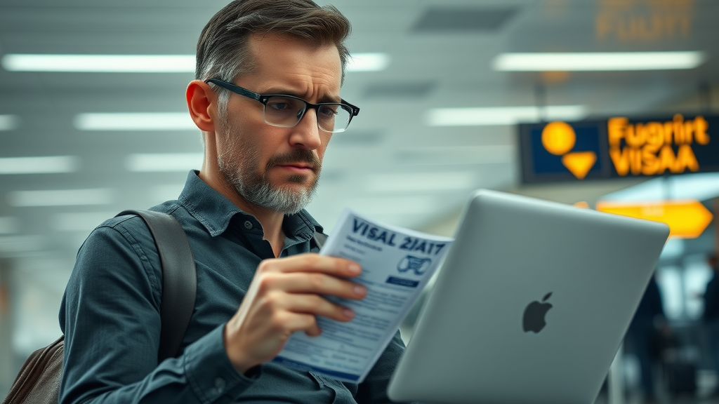 American traveler checking visa documents for moving abroad from America at airport terminal