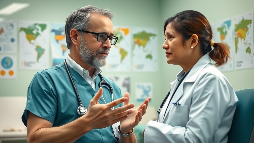 international healthcare provider consulting with expat, health insurance, medical care abroad