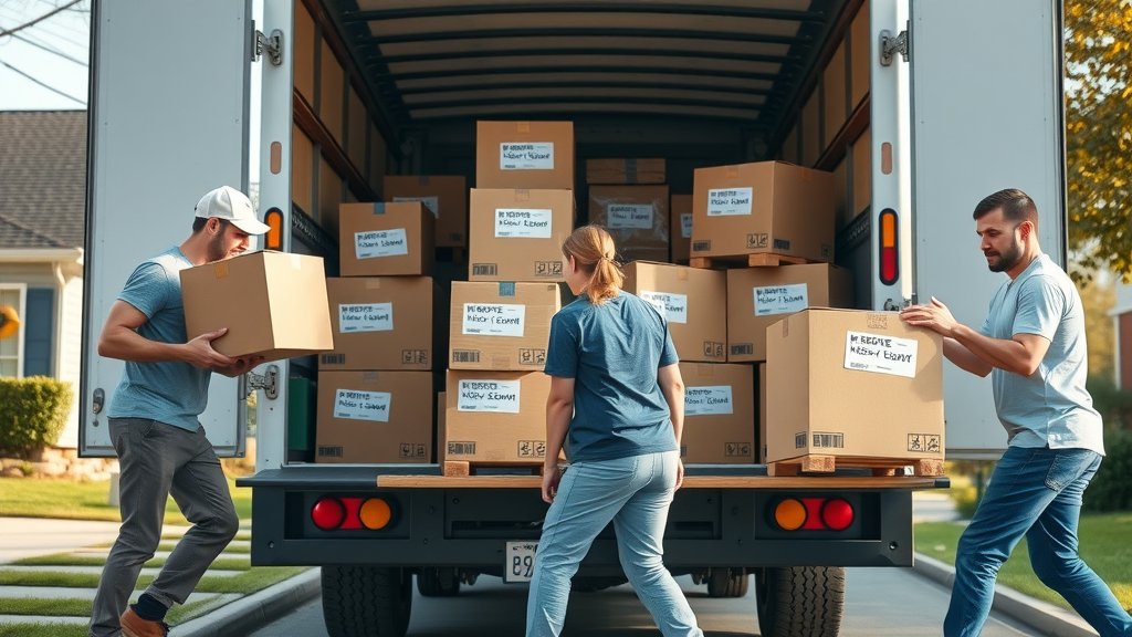 Team of movers loading international shipping boxes into truck on moving day | moving day overseas moving guide