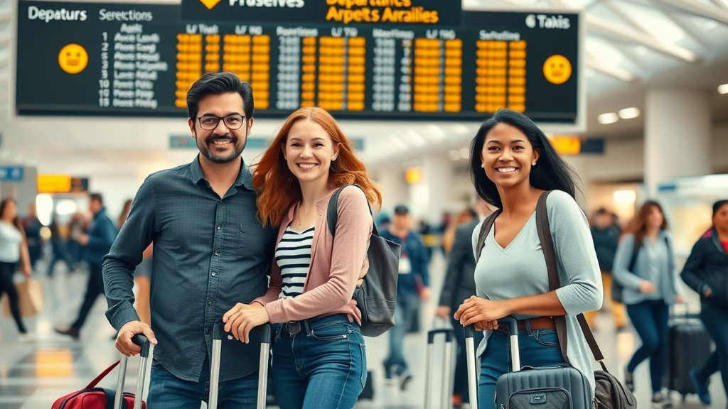 moving out of america multinational family at airport departure with suitcases