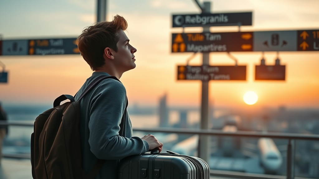 moving out of the united states: Young adult with suitcases at airport terminal, ready to move abroad, sunrise cityscape in background