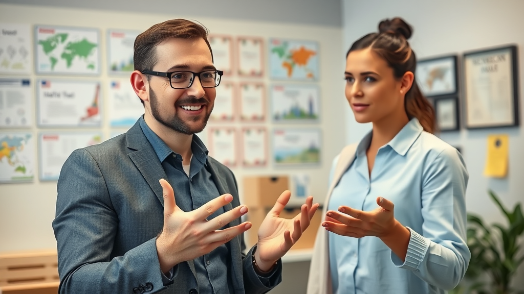 Trusted moving consultant advising young couple on international move in office with brochures and certificates | international moving companies
