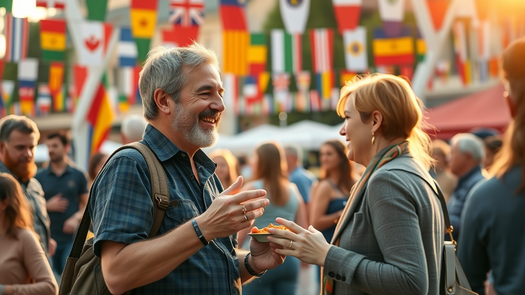 American expatriate participating in a cultural festival, symbolizing new life after emigration from America