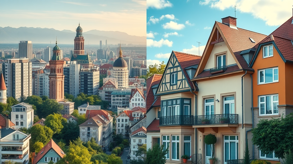cost of living: Split cityscape showing difference between urban city and peaceful village for living costs abroad