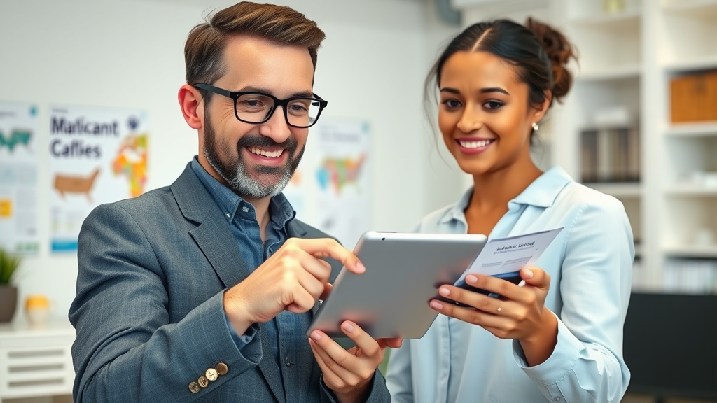 Relocation expert giving money-saving tips to international movers, pointing out cost-effective options on a tablet.